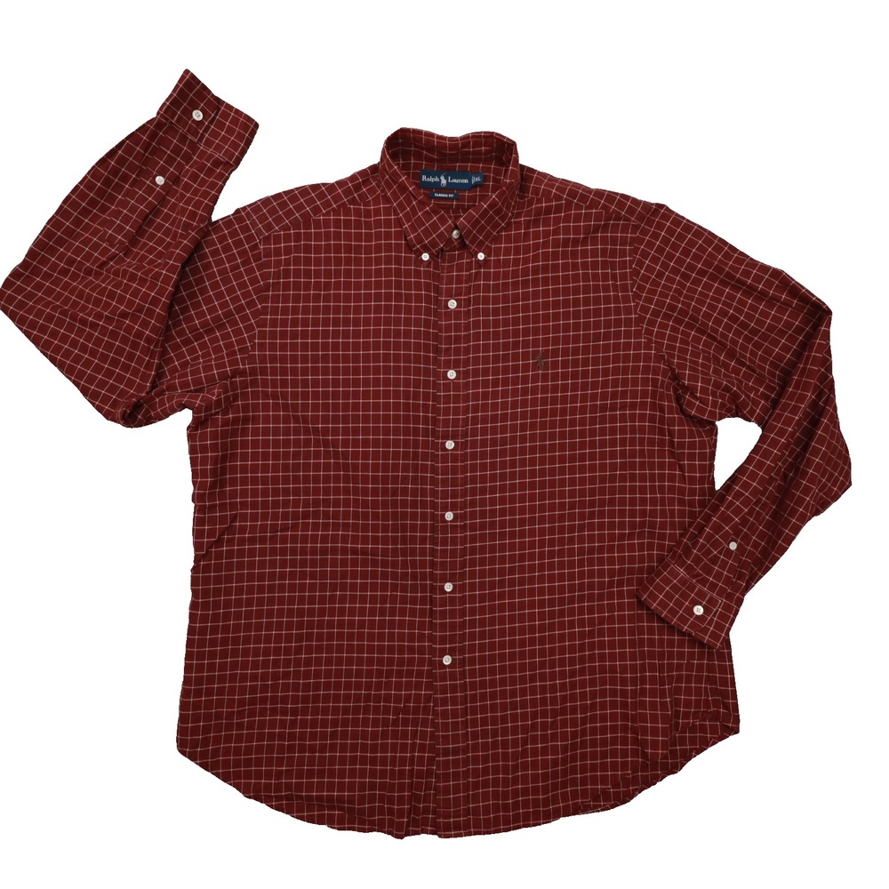 Ralph Lauren Classic Fit Plaid Burgundy Red Long Sleeve Button Up Shirt Men's XL